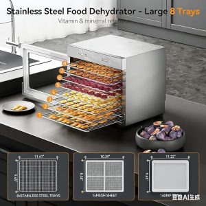 Food Dehydrator 8 Trays 650W, Stainless Steel Food Dryer with Adjustable Timer & Temperature (95-167°F) - Image 3